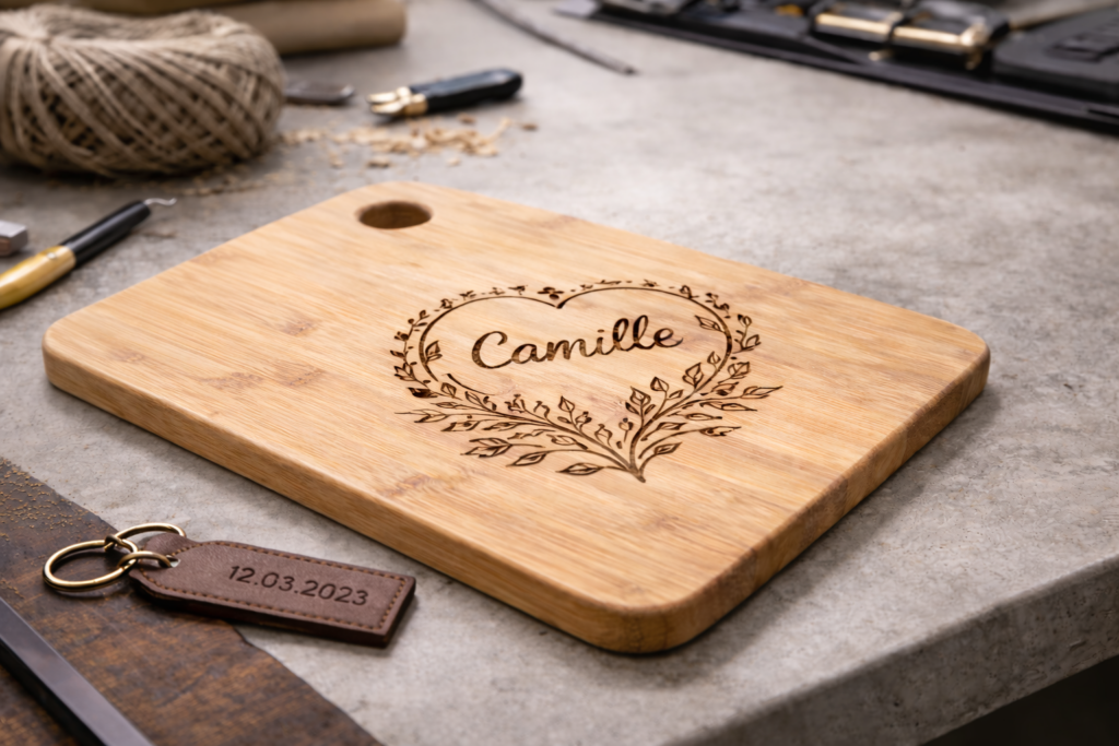 Objets personnalisés. Planche à découper gravée avec un prénom. Porte-clefs en cuir gravé d'une date