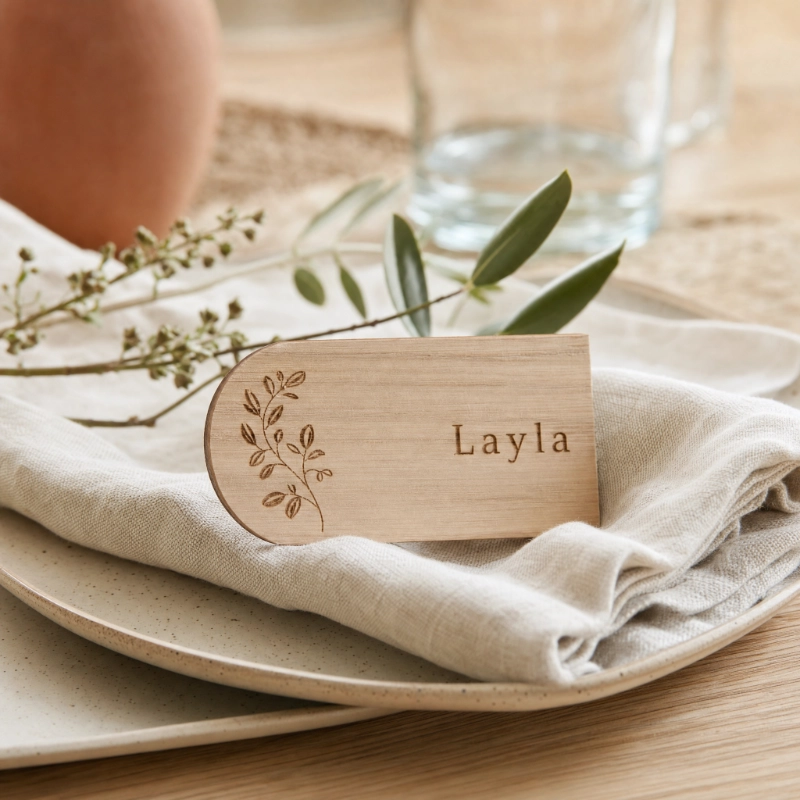 Marque-place en bois gravé pour un mariage champêtre – Trevia Lab
