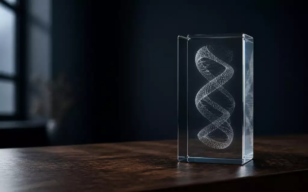 Bloc de cristal avec un motif gravé en 3D à l'intérieur du verre – Trevia Lab