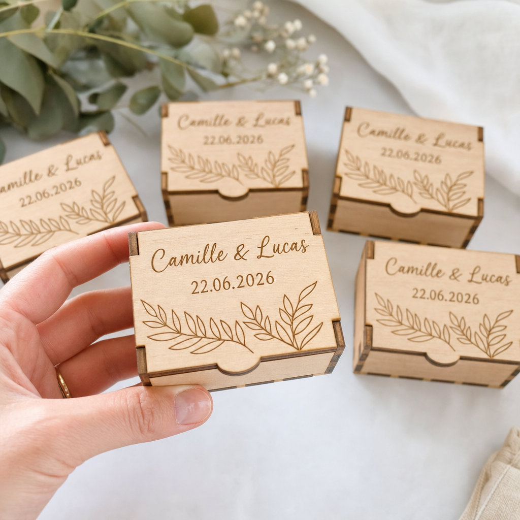 Boîtes à dragées de mariage en bois gravées, en série – Trevia Lab