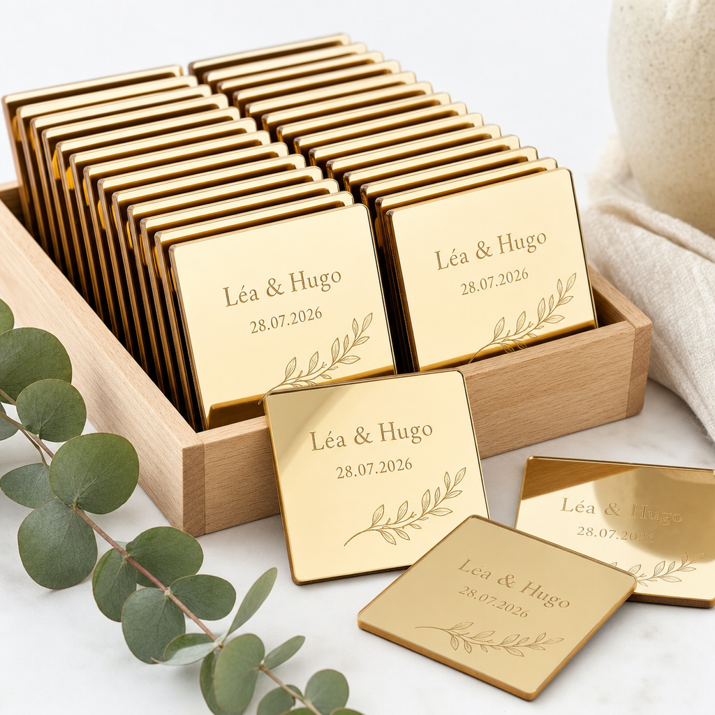 Cadeaux d'invités carrés en miroir doré gravés, présentés en plateau – Trevia Lab