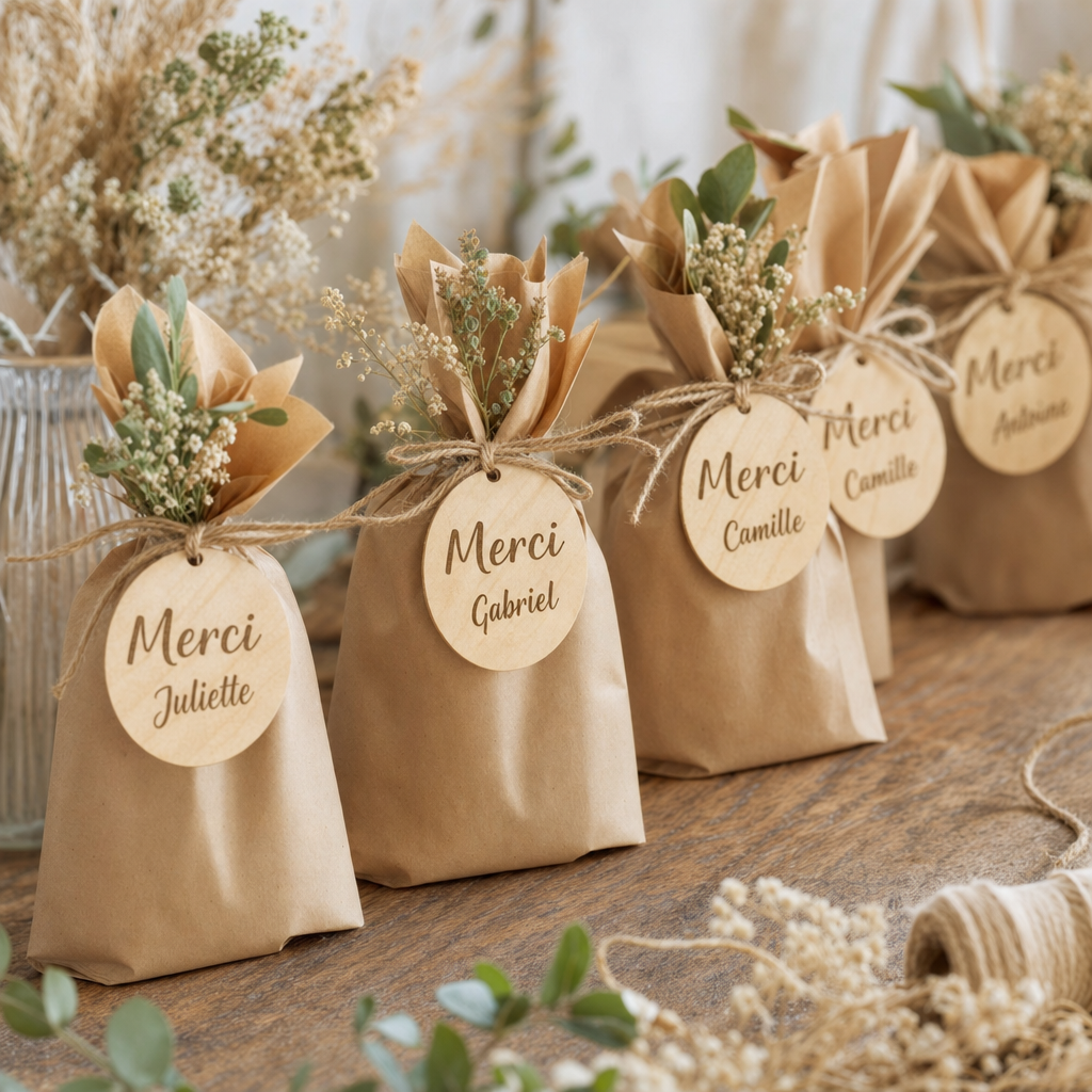 Étiquettes de mariage en bois gravées « Merci » sur pochons cadeaux, en série – Trevia Lab