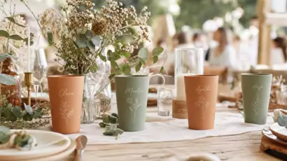 Gobelets réutilisables personnalisés posés sur une table de fête – Trevia Lab