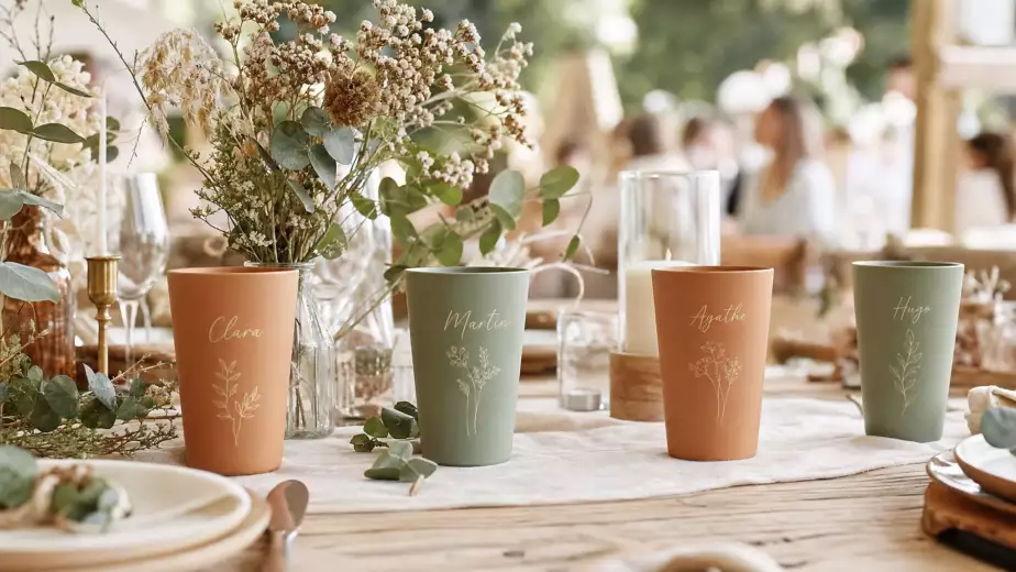 Gobelets réutilisables personnalisés posés sur une table de fête – Trevia Lab