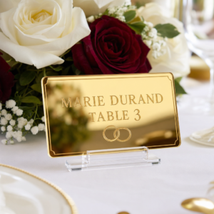 Marque-place de mariage en acrylique miroir doré gravé avec alliances – Trevia Lab