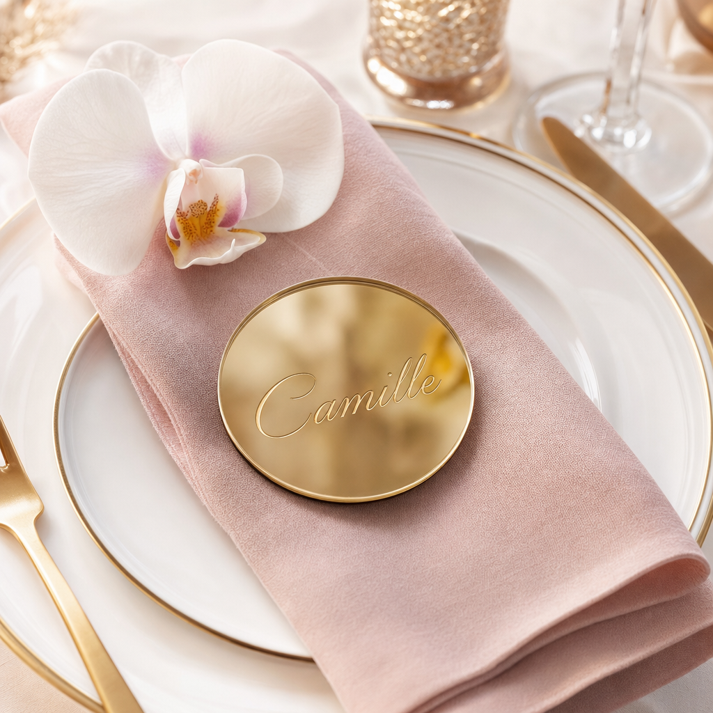 Marque-place de mariage rond en acrylique miroir doré, prénom gravé – Trevia Lab