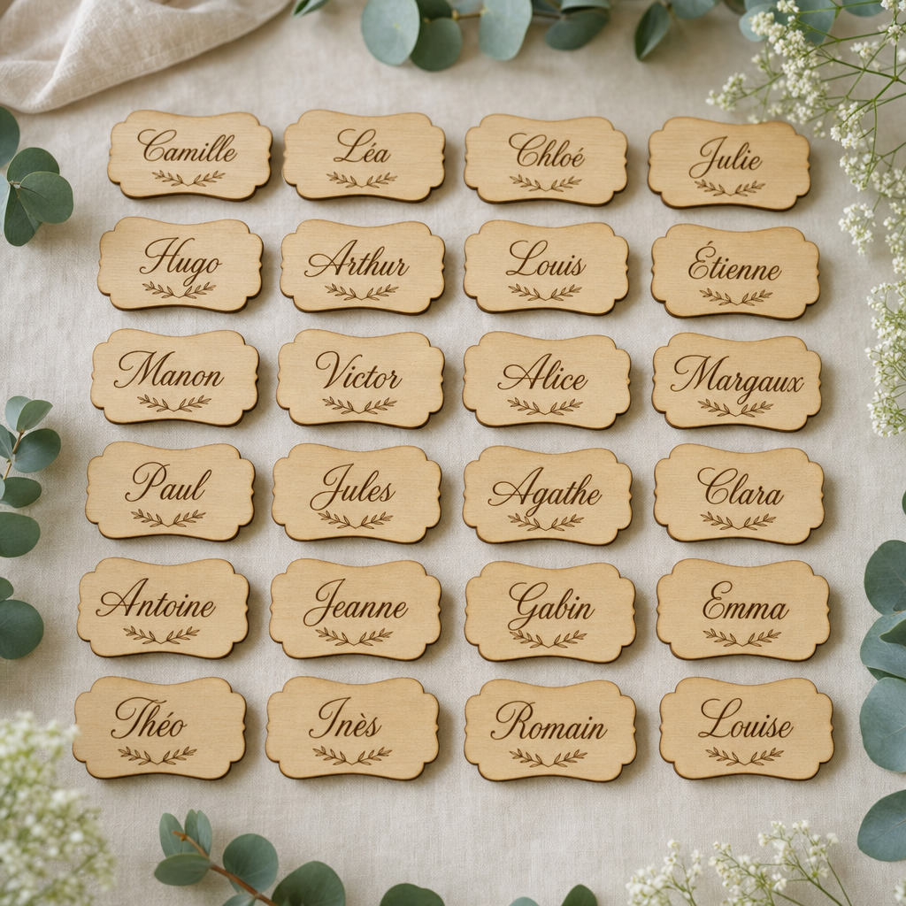 Marque-places de mariage en bois gravés, prénoms, production en série – Trevia Lab