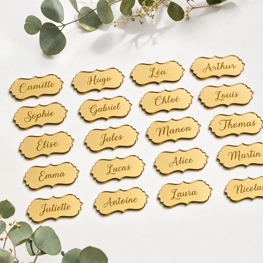 Marque-places de mariage en miroir doré gravés, production en série – Trevia Lab