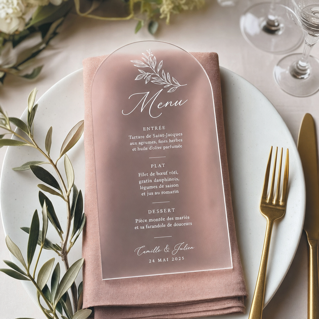 Menu de mariage gravé sur acrylique givré – Trevia Lab