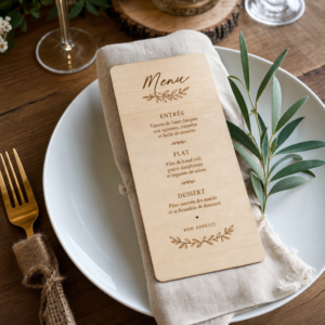 Menu de mariage gravé sur bois – Trevia Lab
