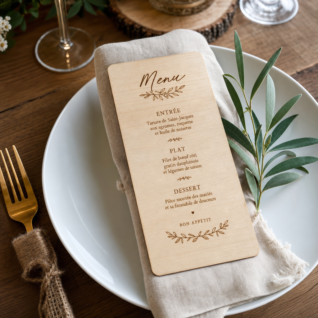 Menu de mariage gravé sur bois – Trevia Lab