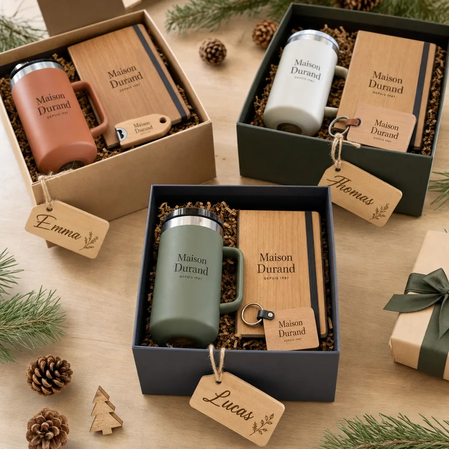 Coffrets de cadeaux CSE personnalisés pour Noël, gravés par Trevia Lab