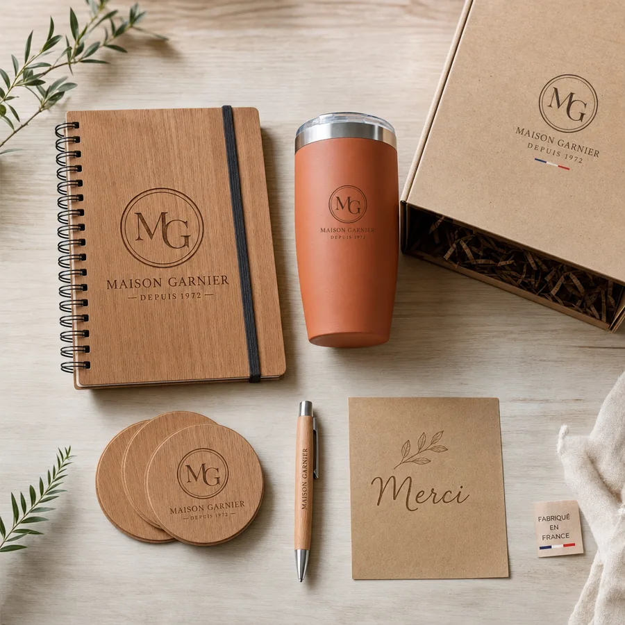 Contenu d'un coffret cadeau d'entreprise personnalisé, objets gravés Made in France