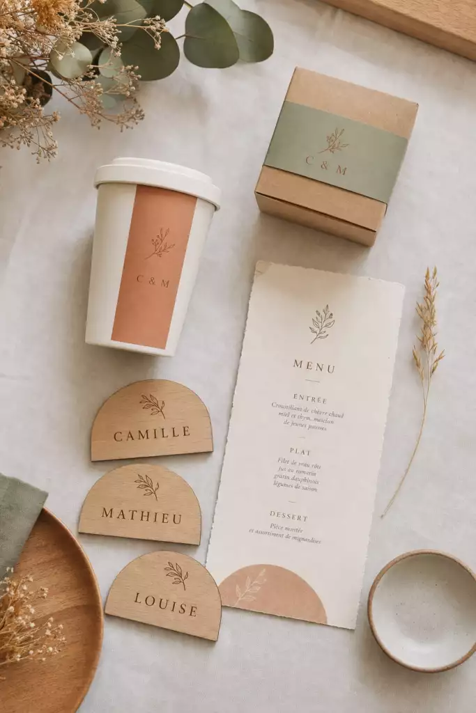 Éléments de mariage personnalisés assortis : marque-places, gobelets, cadeaux – Trevia Lab