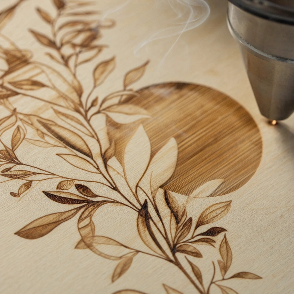 Gravure laser sur bois, contraste brun – Trevia Lab
