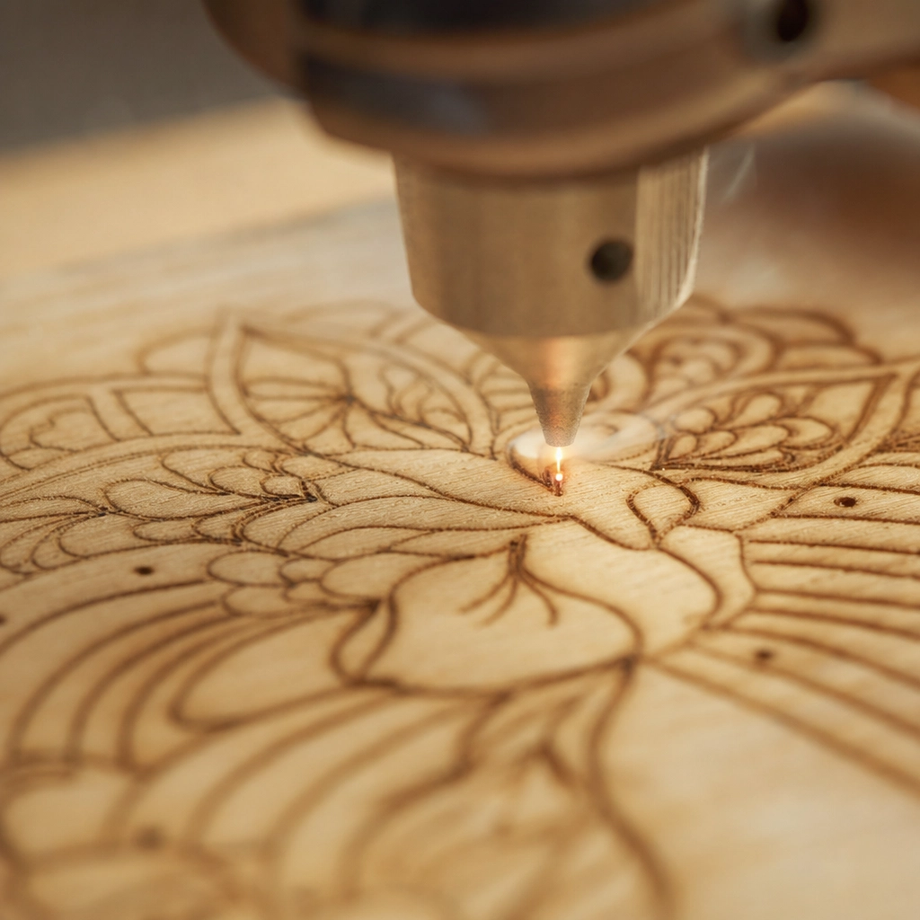 Détail d'une gravure laser sur bois