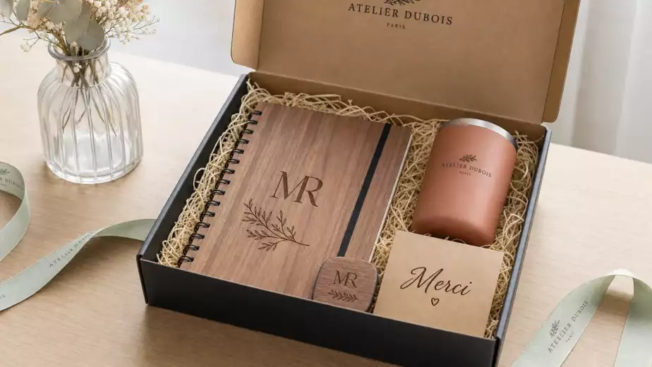 Coffret cadeau d'entreprise personnalisé et gravé, fabriqué en France par Trevia Lab