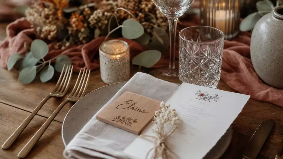 Décoration de table de mariage personnalisée avec marque-places et menu gravés – Trevia Lab
