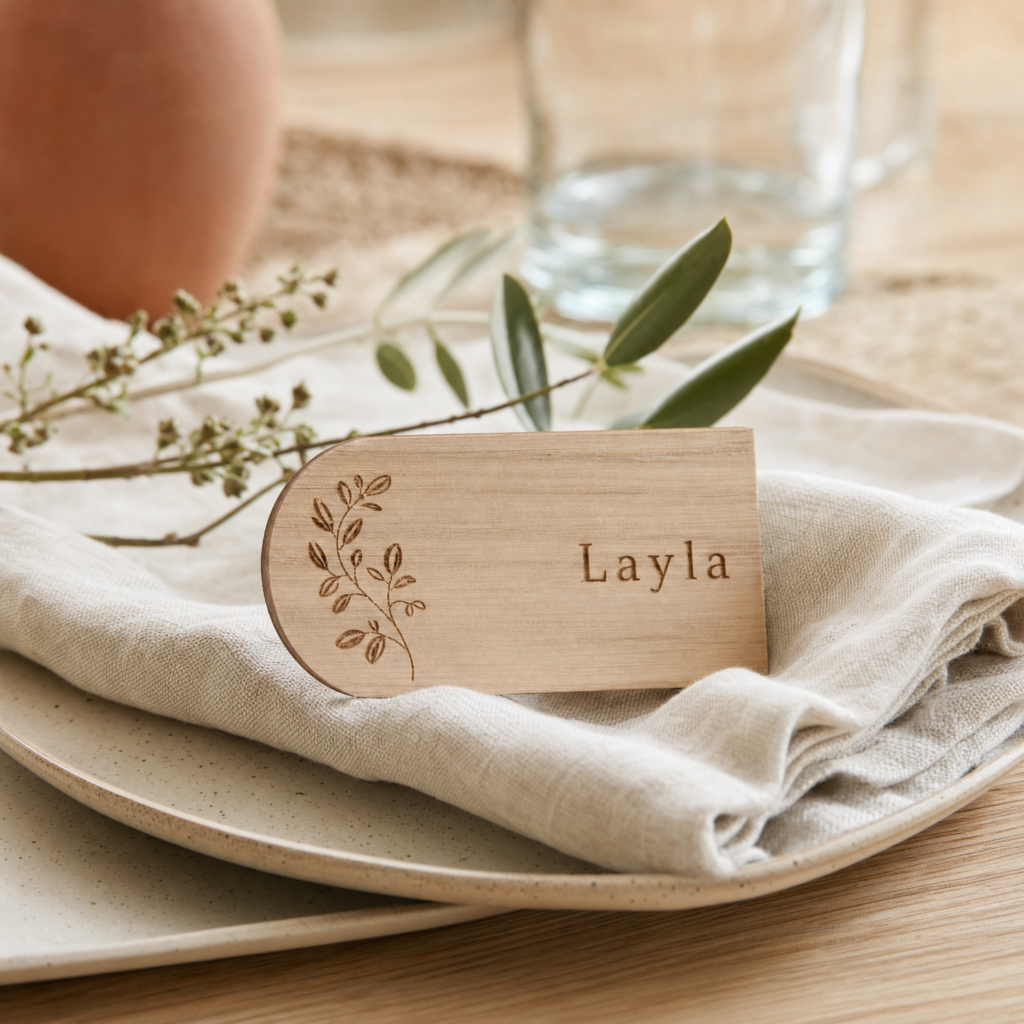 Marque-place en bois gravé pour un mariage champêtre – Trevia Lab