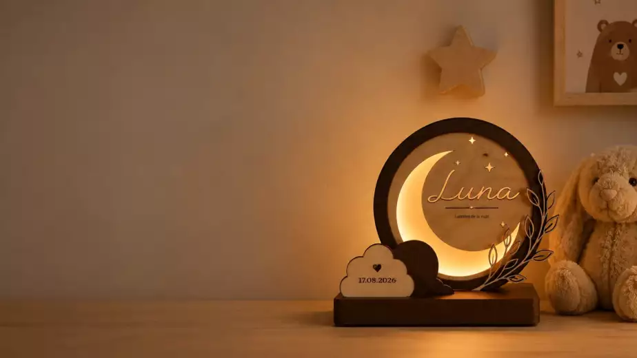 Veilleuse personnalisée Luna allumée dans une chambre d'enfant, à côté d'un lapin en peluche