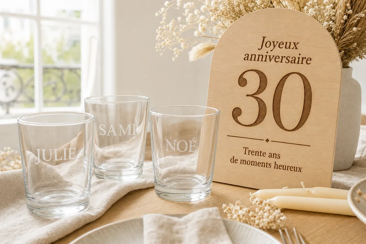 Verres gravés aux prénoms et panneau en bois gravé pour un anniversaire