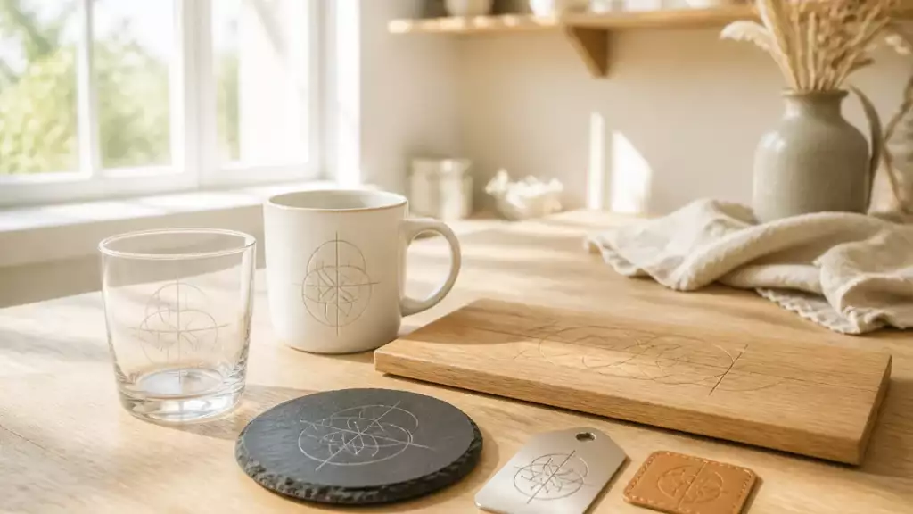 Gravure laser sur verre, céramique, bois, ardoise, métal et cuir dans l'atelier Trevia Lab