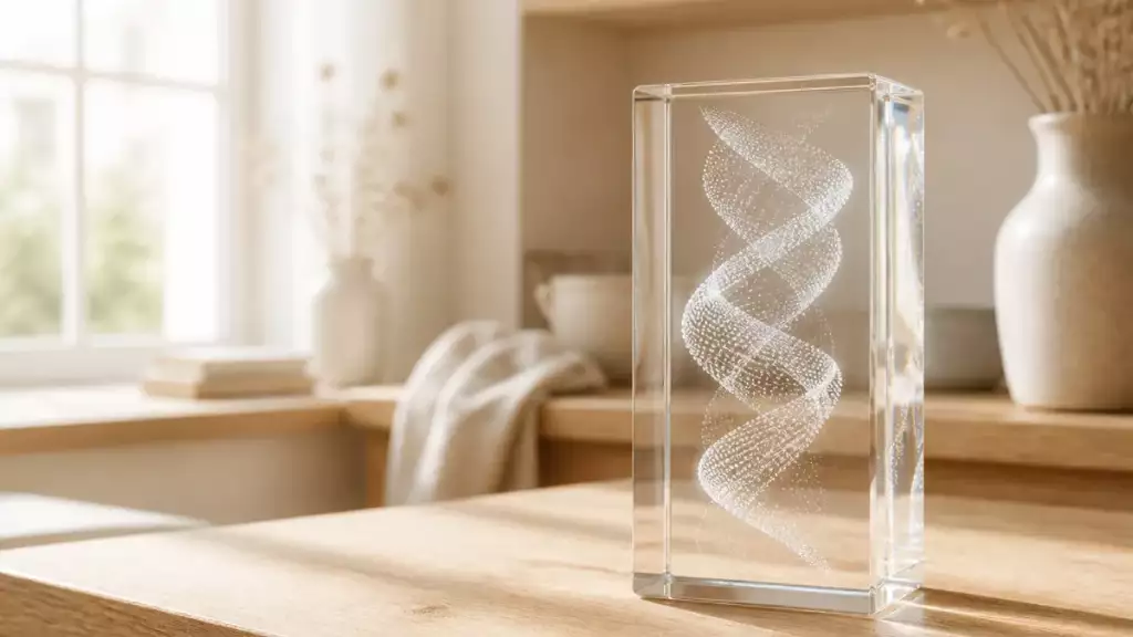 Bloc de cristal avec un motif gravé en 3D à l'intérieur du verre, Trevia Lab