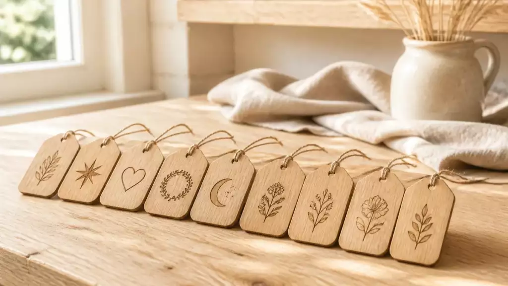 Série d'étiquettes en bois gravées au laser, chacune avec un motif différent, Trevia Lab