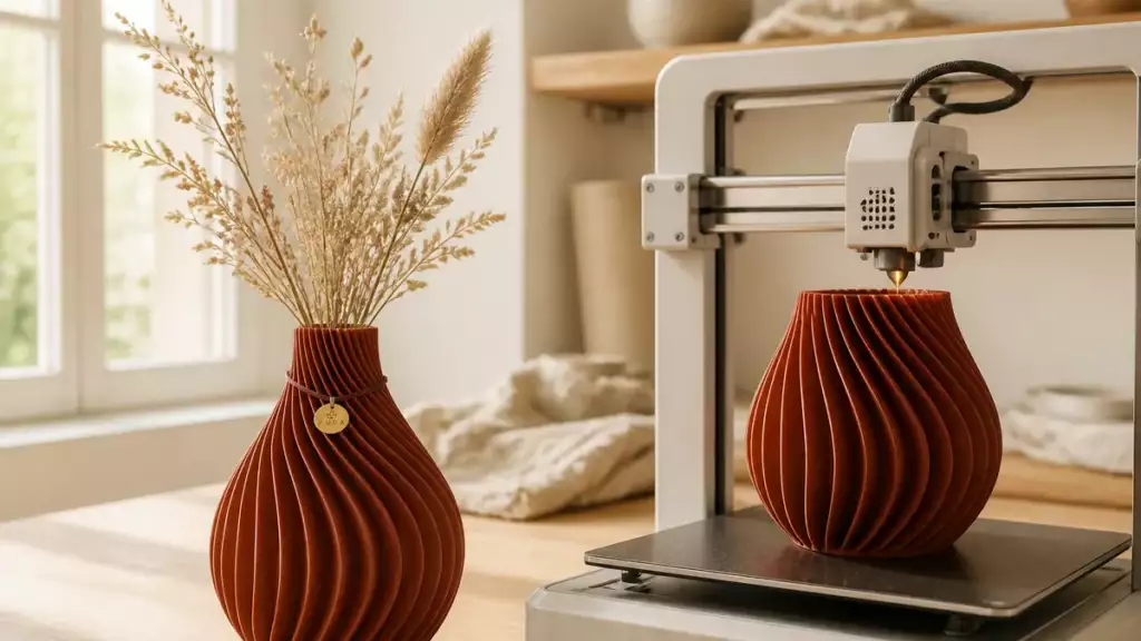 Vase AURA imprimé en 3D dans l'atelier Trevia Lab, terminé et en cours d'impression