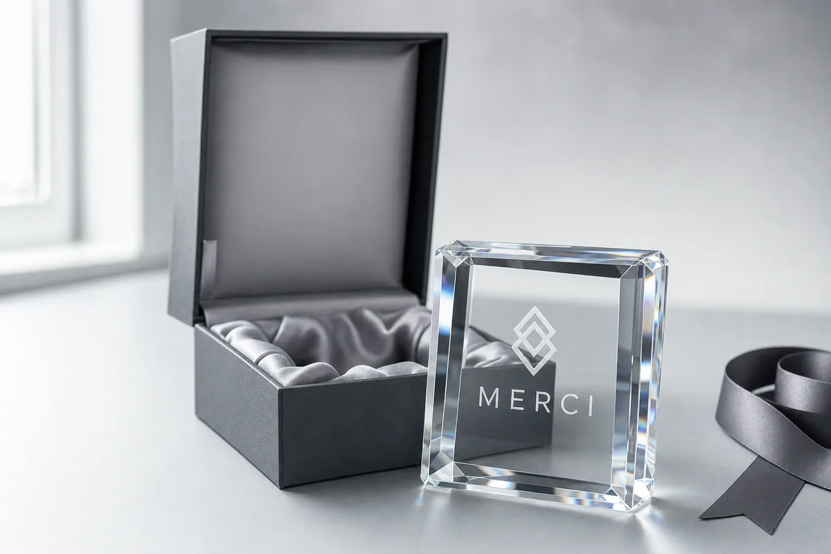Bloc de cristal gravé présenté dans son coffret à doublure satinée
