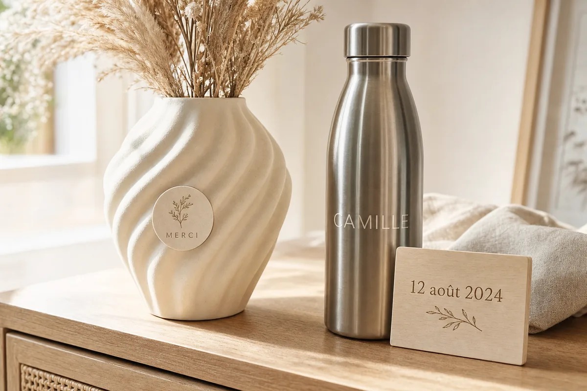 Vase torsadé au médaillon gravé, gourde inox gravée au prénom et plaque en bois gravée à une date