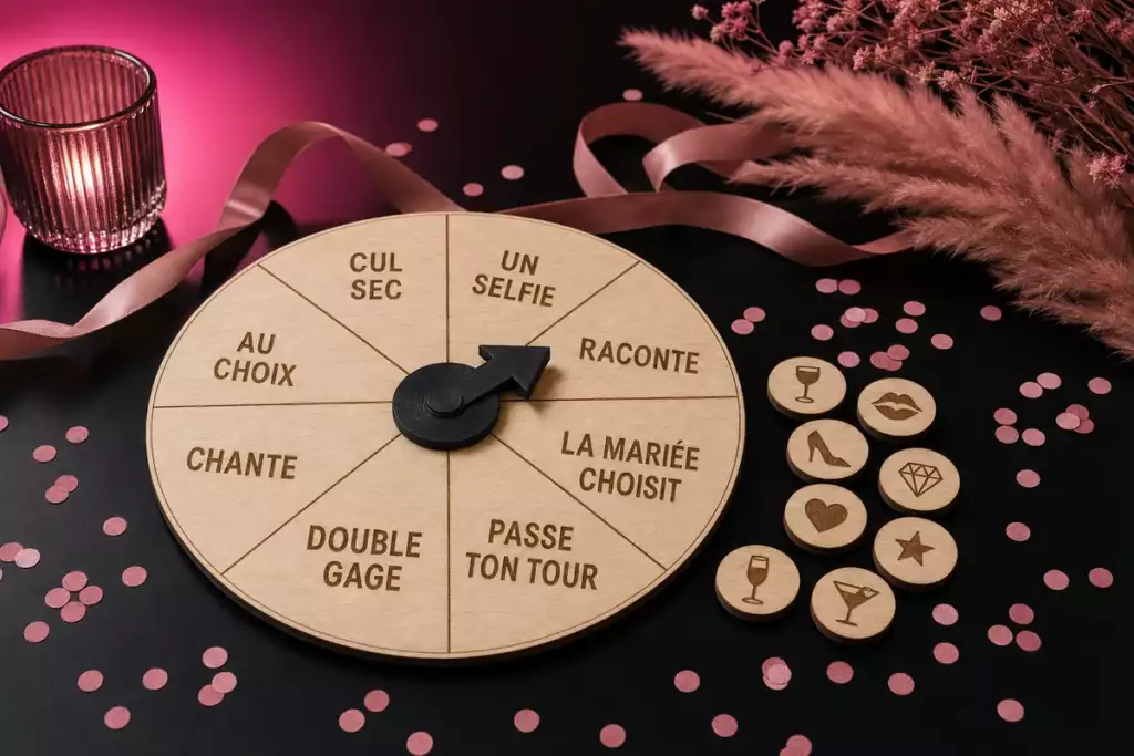 Roulette à défis en bois gravé avec ses huit gages et ses jetons, pour animer un EVJF