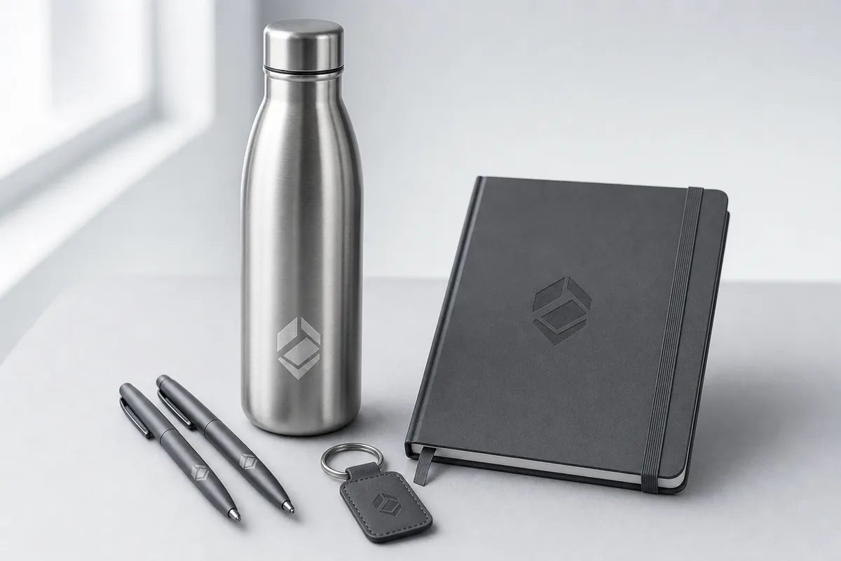 Gourde inox, stylos, carnet et porte-clés gravés au laser d'un même logo