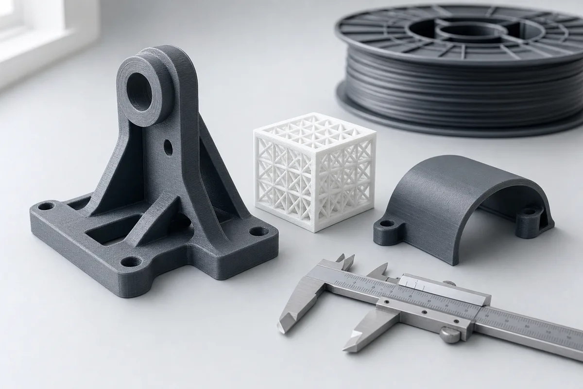 Pièces techniques imprimées en 3D, cube en treillis et pied à coulisse