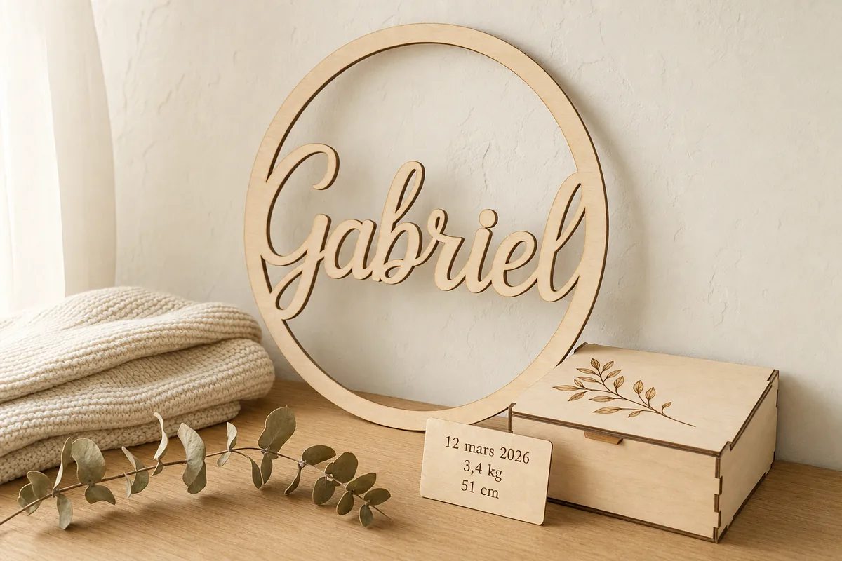 Prénom découpé au laser dans un cercle en bois, boîte à souvenirs gravée et plaque gravée à la date, au poids et à la taille de naissance