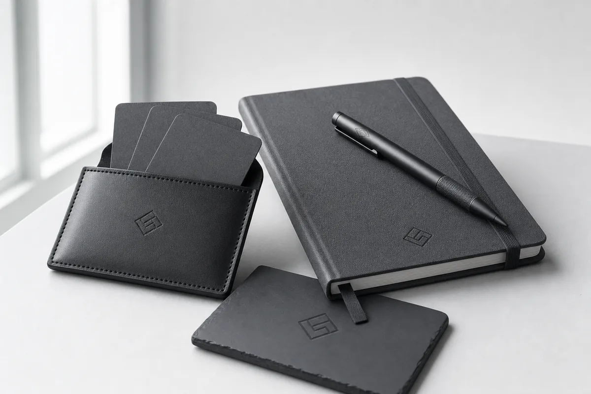 Porte-cartes en cuir, carnet et stylo gravés du même emblème pour un professionnel indépendant