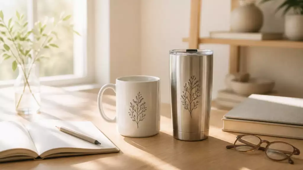 Mug en céramique et gourde en inox gravés, posés sur un bureau en lumière du matin