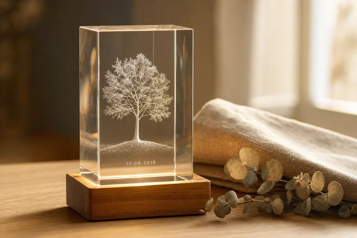 Bloc de cristal gravé en 3D dans la masse d'un arbre et d'une date, éclairé par son socle