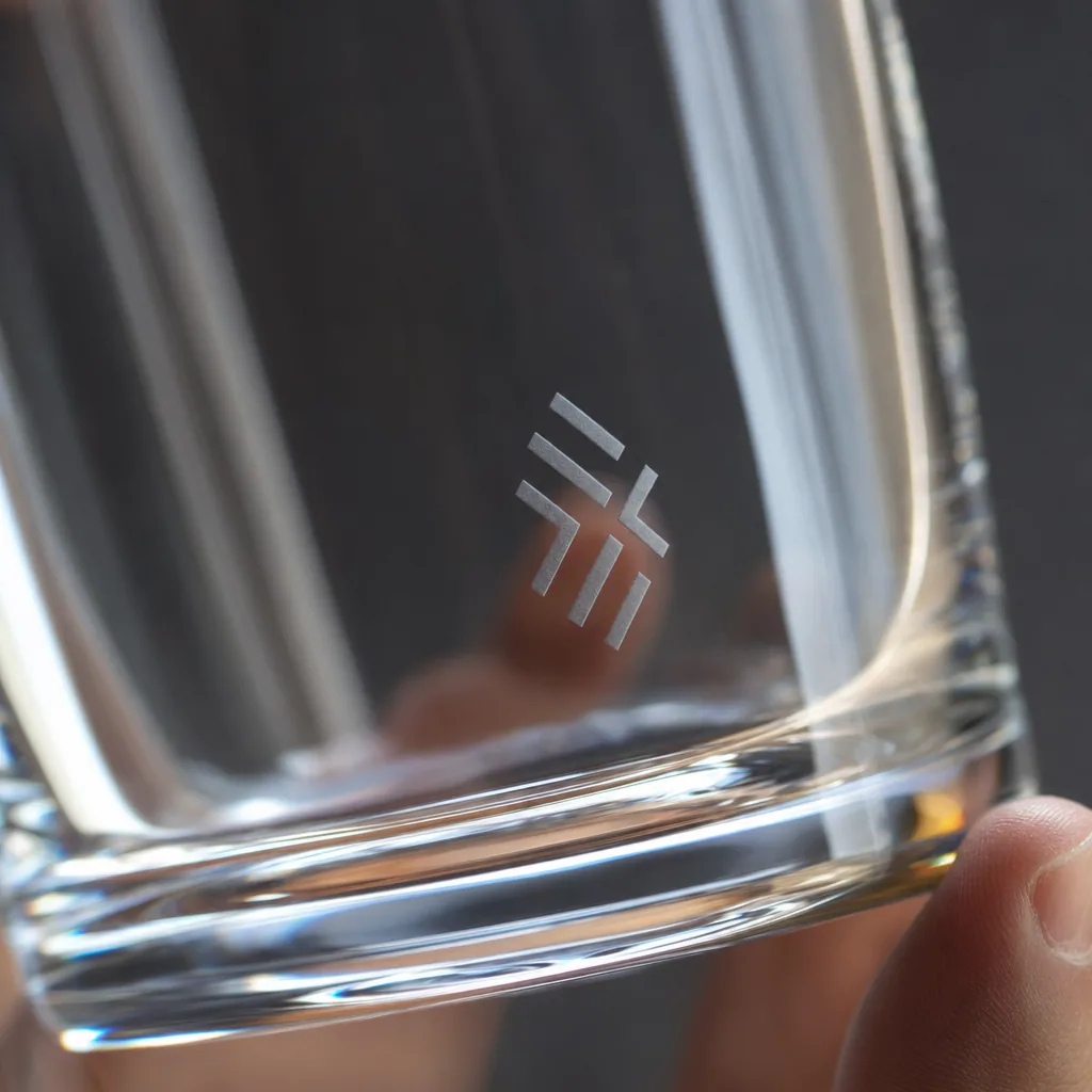 Gravure laser discrète en dépoli sur un verre, réalisée dans l'atelier Trevia Lab