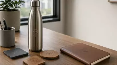 Objets publicitaires personnalisés et gravés posés sur un bureau, fabrication française Trevia Lab