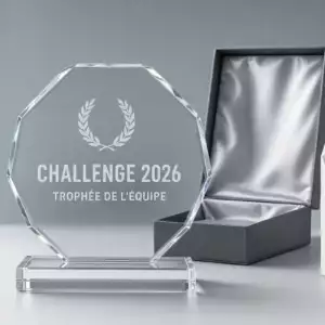 Trophée en verre octogonal gravé sur socle en verre, coffret satiné et trophée imprimé en 3D