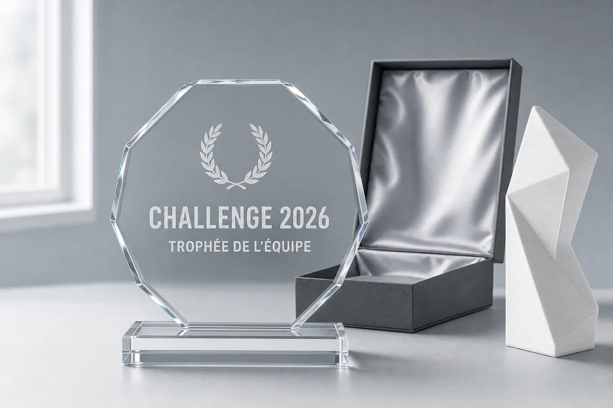 Trophée en verre octogonal gravé sur socle en verre, coffret satiné et trophée imprimé en 3D