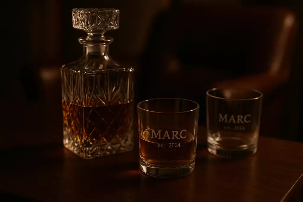 Carafe et verres à whisky gravés au prénom, offerts à un amateur lors d'un pot de départ