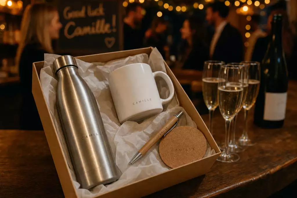 Coffret de départ contenant une gourde, un mug, un stylo et un dessous de verre gravés au même prénom
