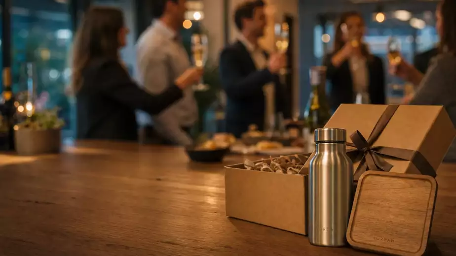 Coffret et objets gravés posés sur le comptoir pendant un pot de départ, Trevia Lab